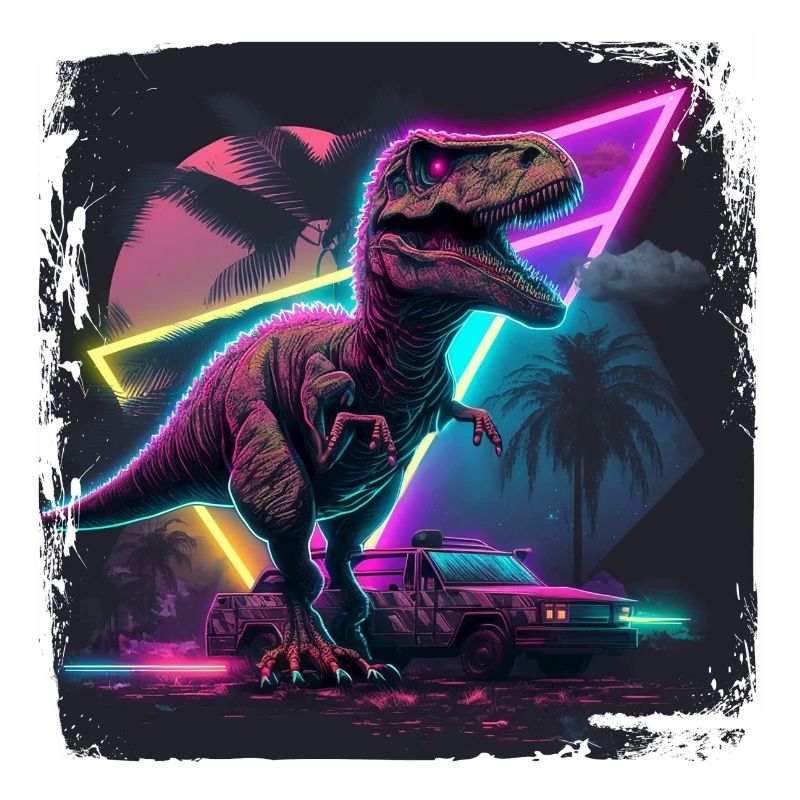 80s Synthwave Design mit Dinosaurier
