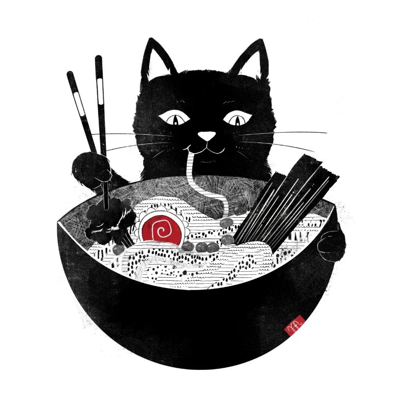 Katze schlürft Ramen Nudelsuppe mit Stäbchen