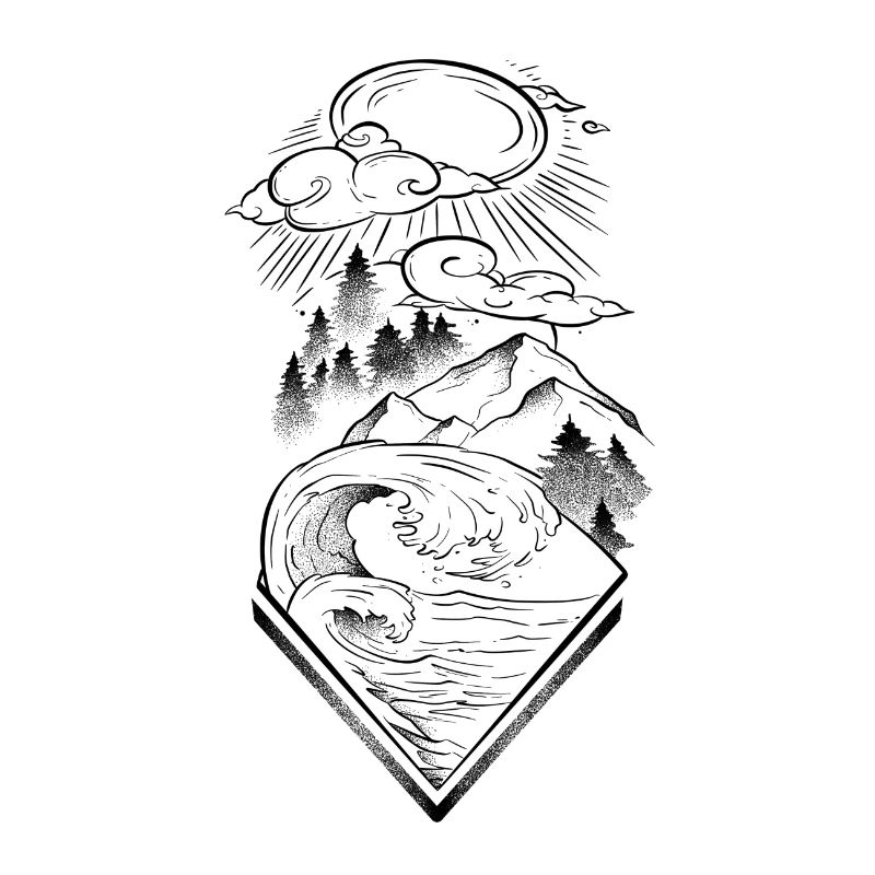 Seascape ocean and mountains lineart and dotwork