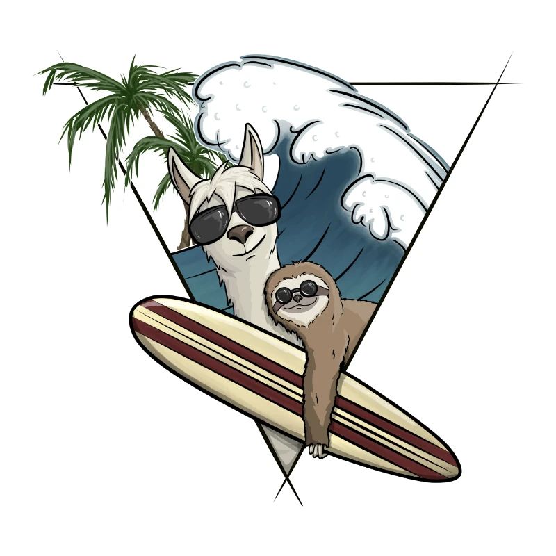 Surf Holiday Llama & Sloth Surfboard Wave Palm Trees