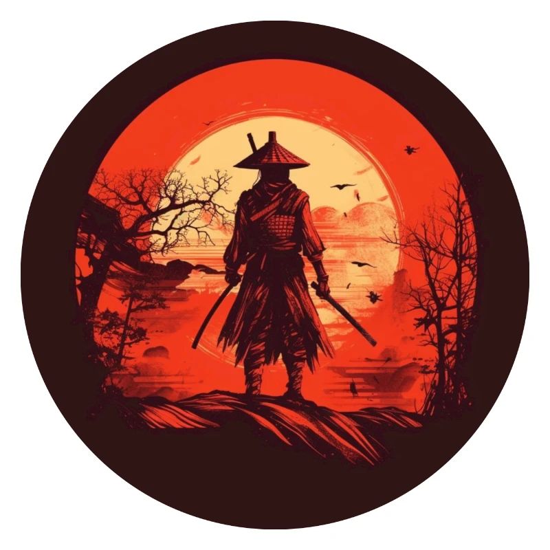 Japanese warrior samurai in front of red sun Japan