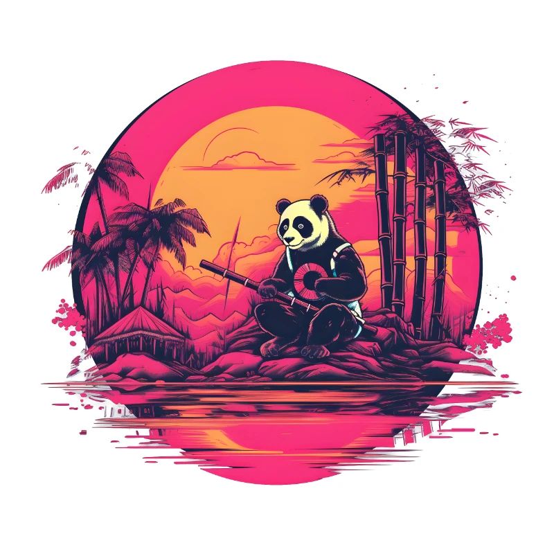 Synthwave Panda Japon Coucher de soleil