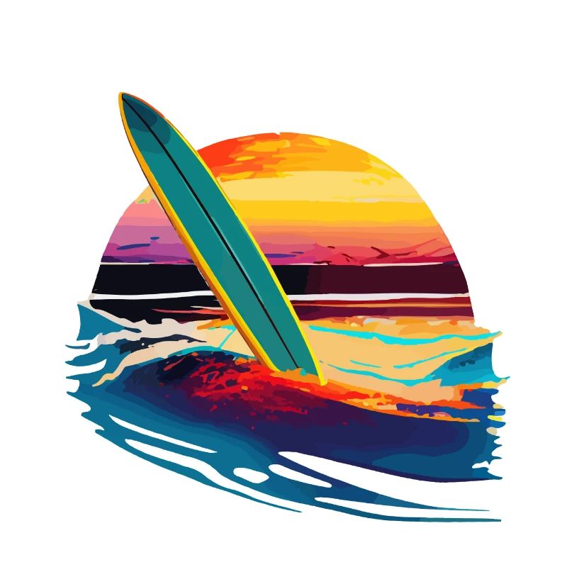 Planche de surf avec couché de soleil