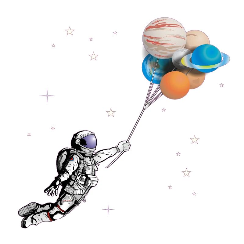 Astronaute avec des ballons en forme de planètes