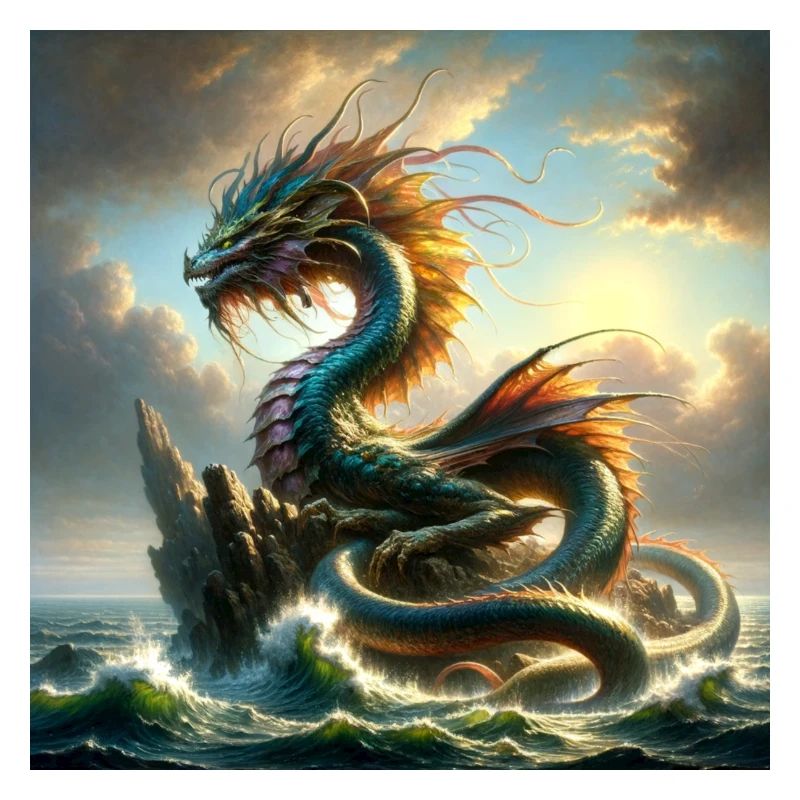 Drache auf Felsen im Meer