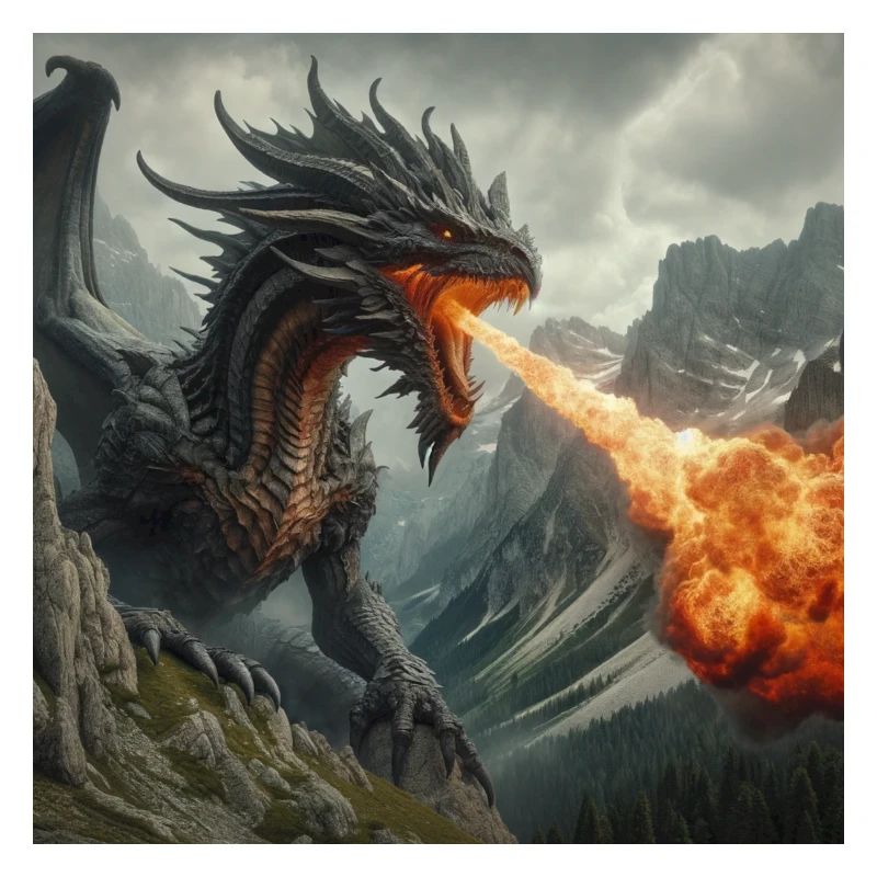 Fire-breathing dragon in the mountains