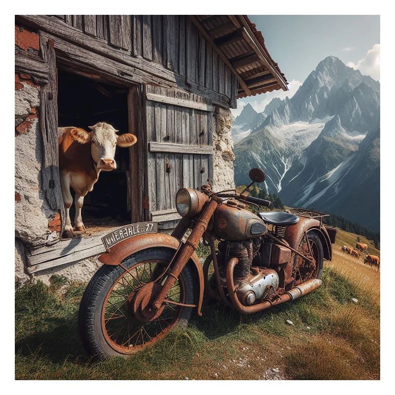 Vache et moto à l’alpage