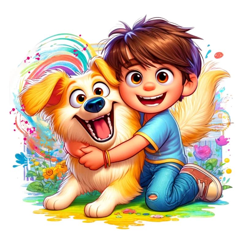 Junge mit seinem bunten süßen Hund