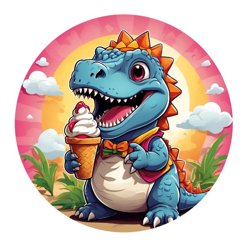 Petit dino mignon avec un grand cornet de crème glacée coloré