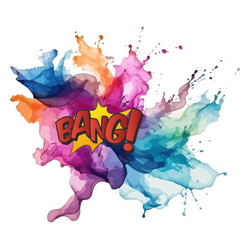 Colourful Watercolour Explosion with 'Bang!' Text