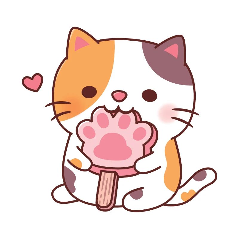 Chat calicot mignon mangeant de la glace à la patte de chat