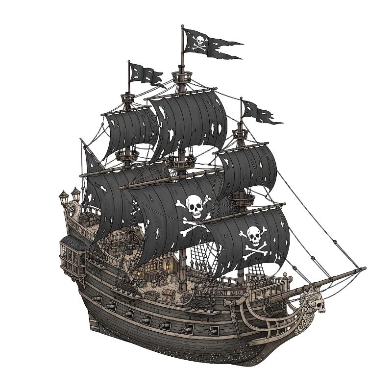 Abandoned pirate ship with skull logo