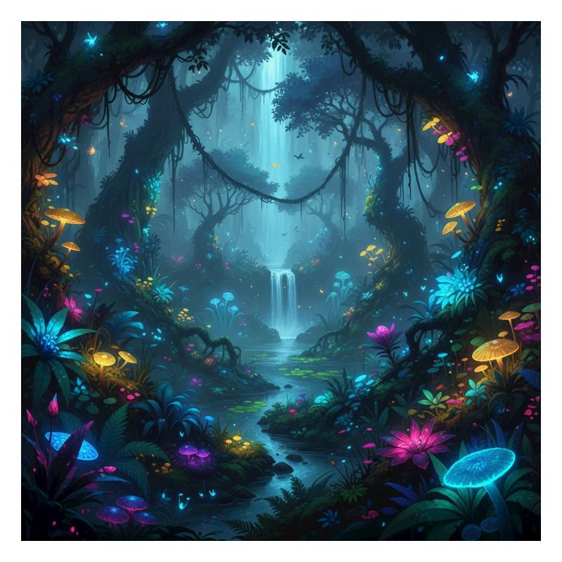 Glowing enchanted forest in the dark