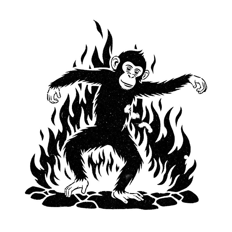 Affe tanzt um das Feuer