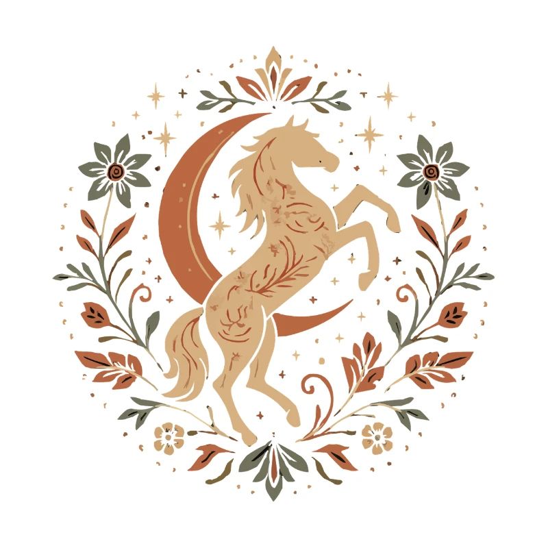 Cheval élégant avec lune et feuilles