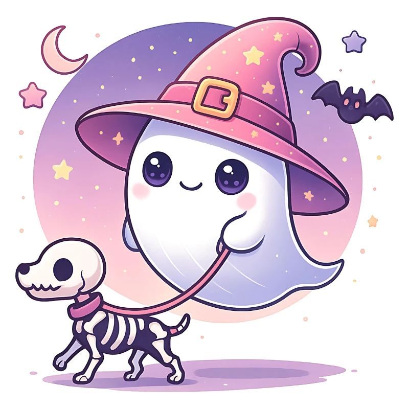 Pinker Hexen‑Geist mit Skelett‑Hund – Halloween