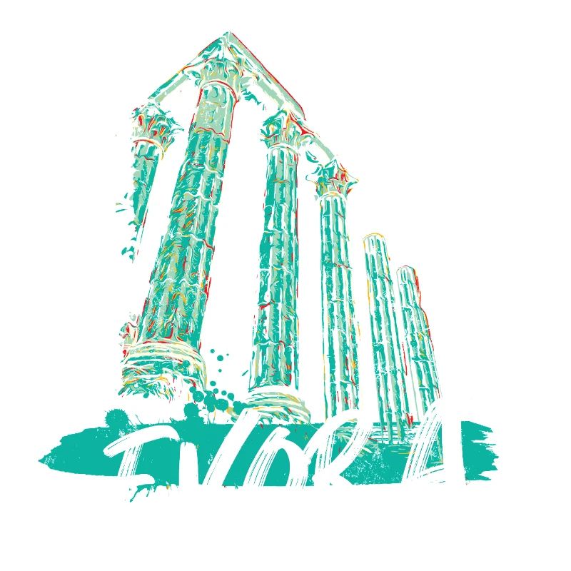 Illustration en turquoise du temple romain d’Évora
