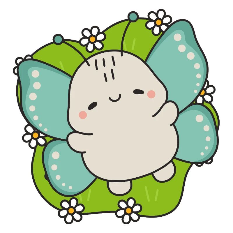Papillon kawaii sur feuille verte