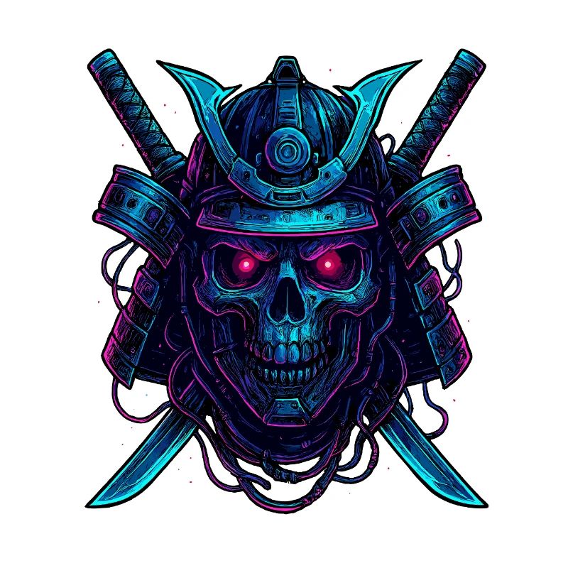 Cyber Samurai Skull Neon Design