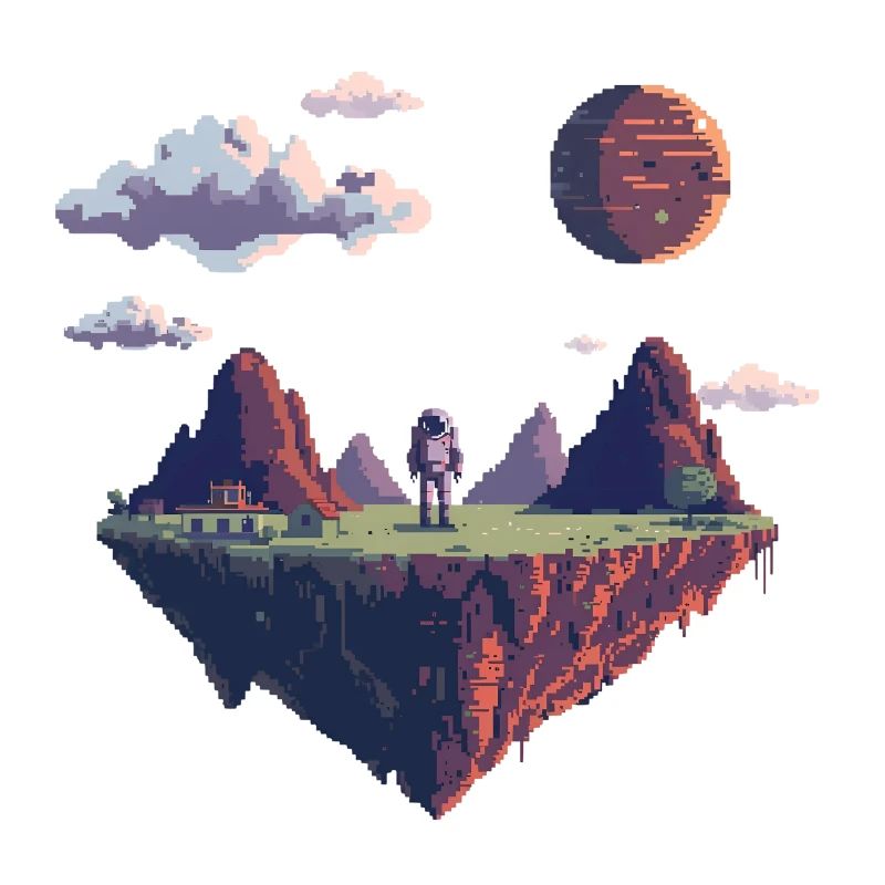 Astronaute pixel 8 bits sur une île flottante