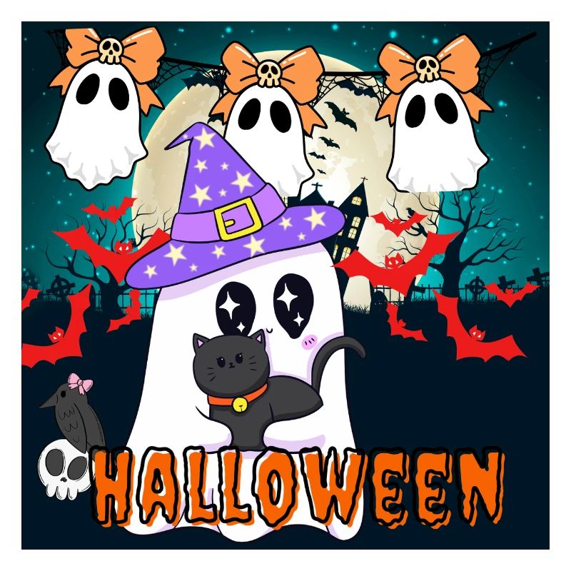 Süßer Zauberer Geist und schwarze Katze Halloween