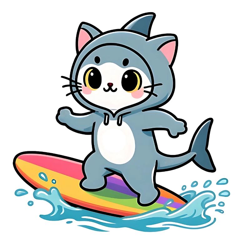 Shark Cat on Rainbow Surfboard