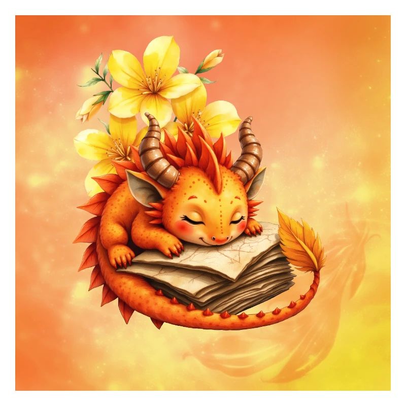 Verschlafener Drache auf geblümtem Buch