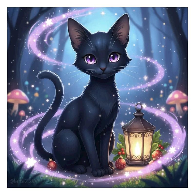 Magical black cat with lantern