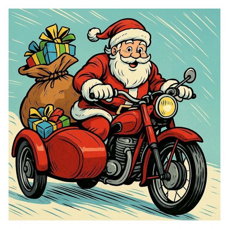 Santa Claus on a Motorcycle with Sidecar – Comics Style