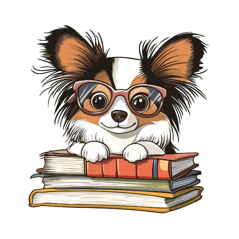 Süßes Papillon-Hundelesebuch mit Brille