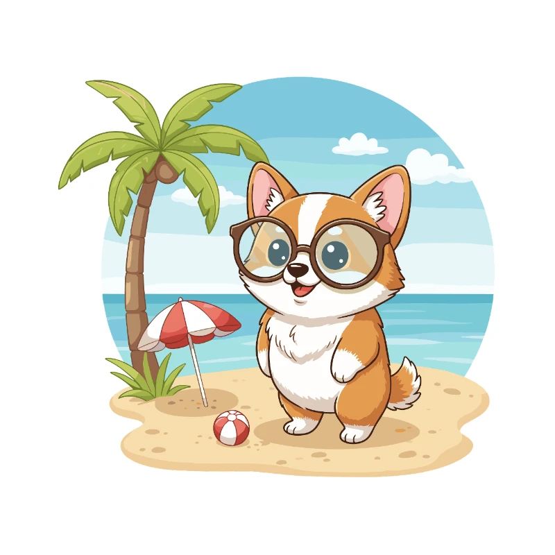 Süßer Corgi mit Brille Strandsommerurlaub