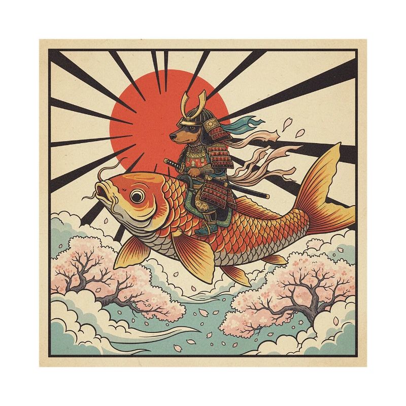 Samurai Dachshund Riding Giant Koi Fish Japanese