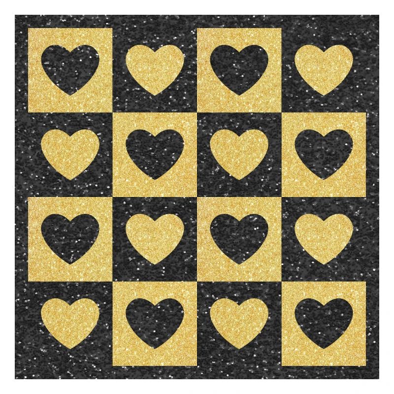 Checkerboard Golden Hearts on Black Glitter