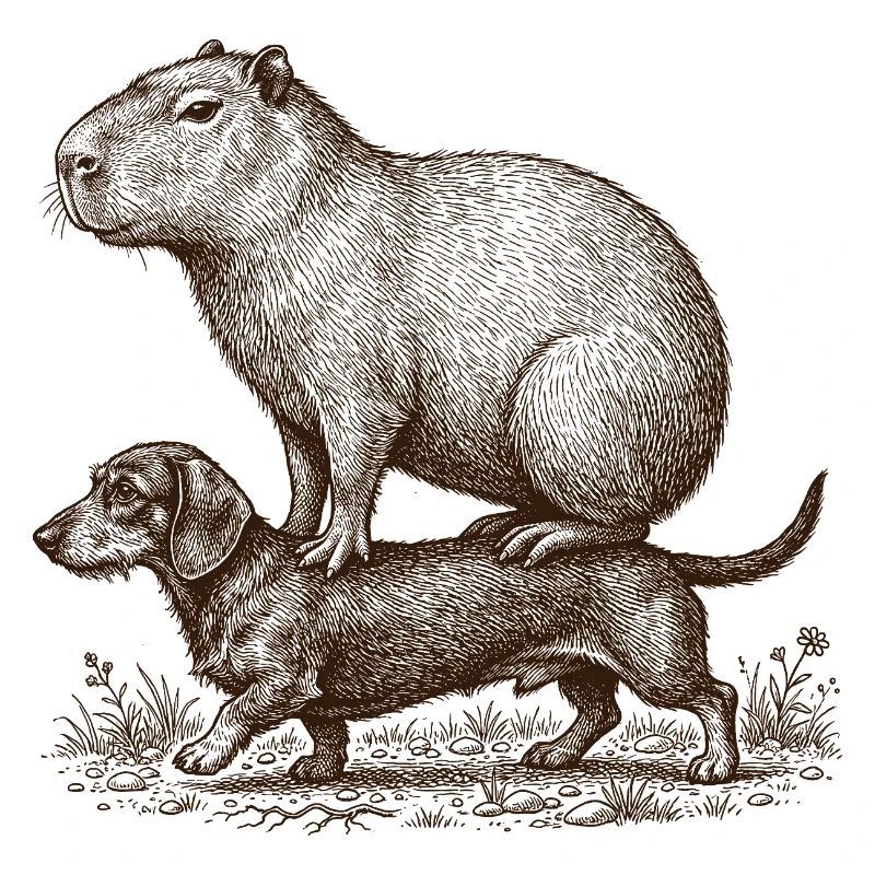 Drôle de capybara chevauchant teckel