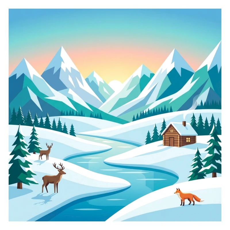 Alpine winter scenery with deer & hut