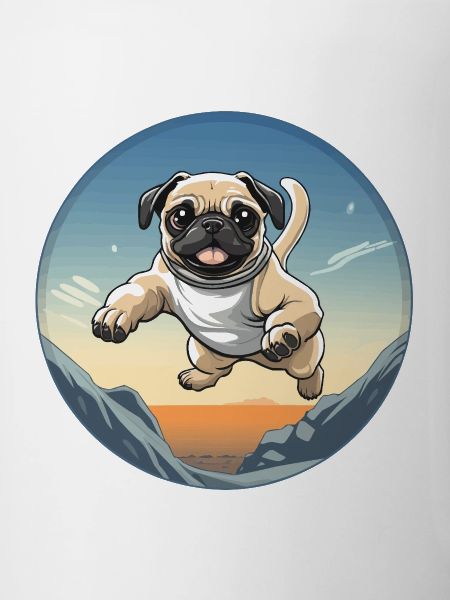 Pug jump over mountain landscape