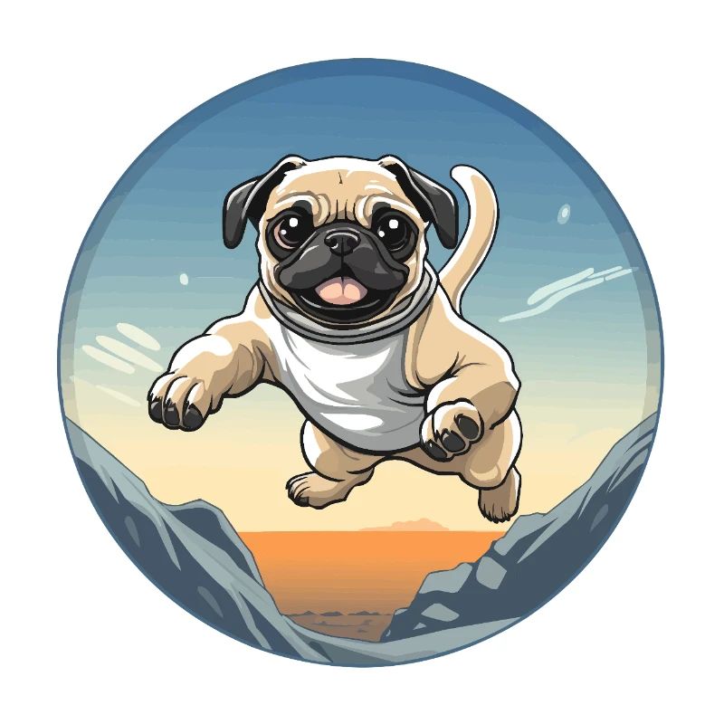 Pug jump over mountain landscape