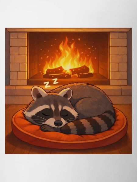 Cozy Raccoon by Fireplace