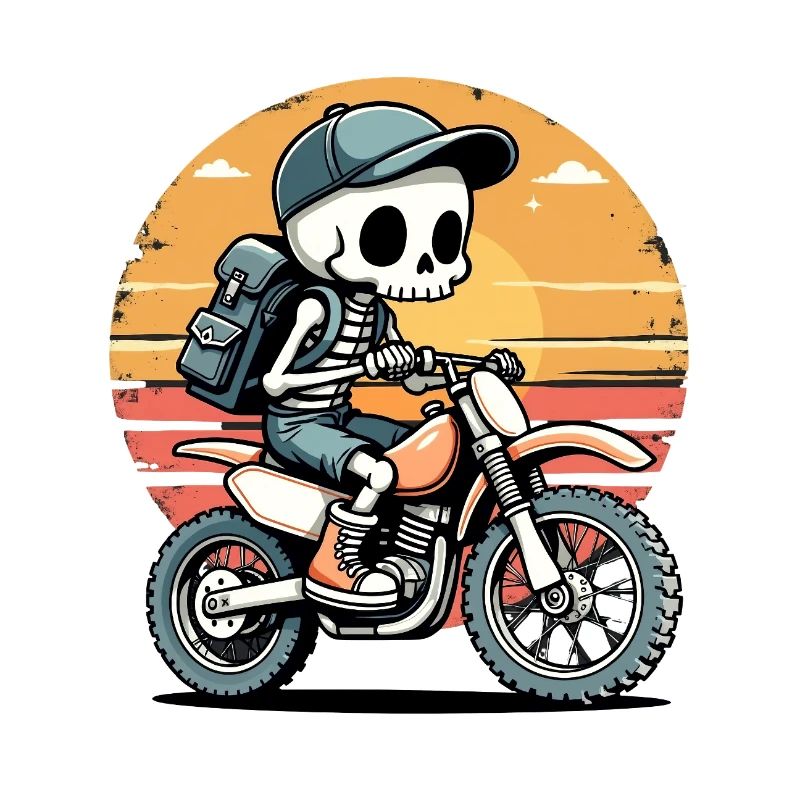 Skeleton on motorcycle in sunset