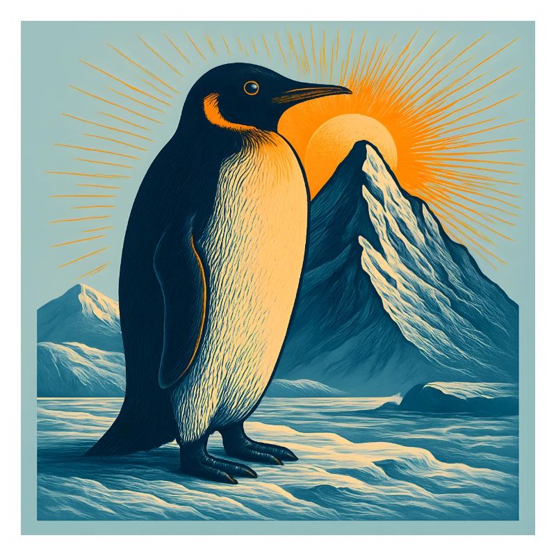Polar beach penguin at sunrise