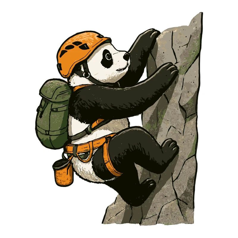 Panda bear bouldering with climbing equipment