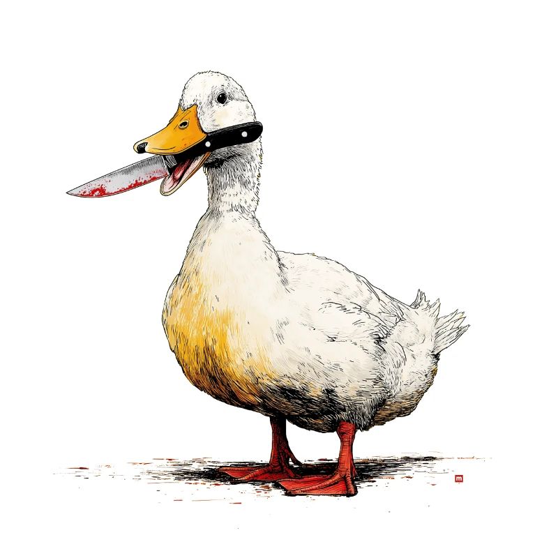 Duck with knife in its beak