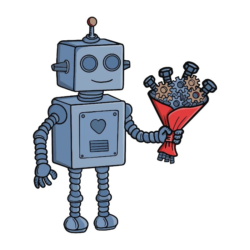 Robot de la Saint-Valentin mignon avec bouquet d’engrenages mécaniques