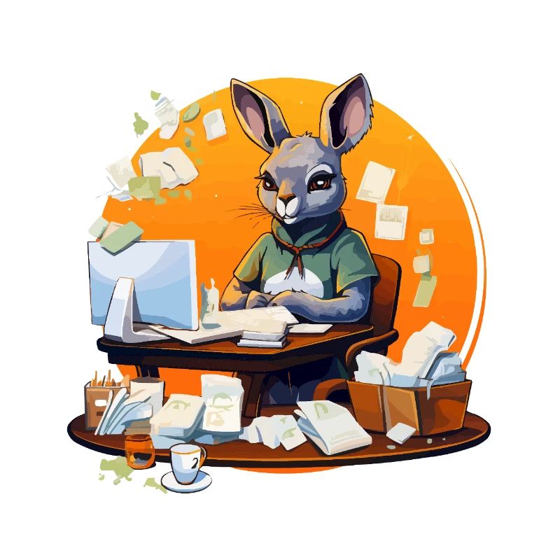 Lapin de bureau dans le chaos du papier