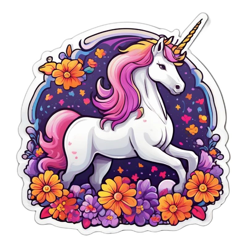 Licorne éclatante entourée de fleurs cosmos