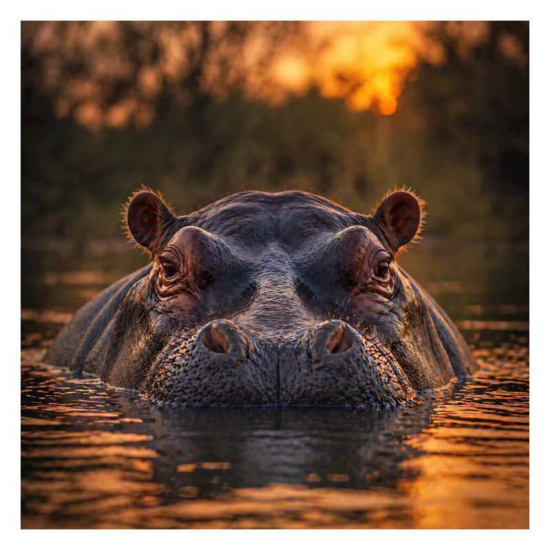 Coucher de soleil, hippopotame dans l’eau