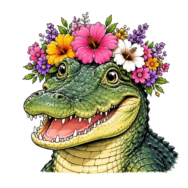 Krokodil mit Blumenschmuck