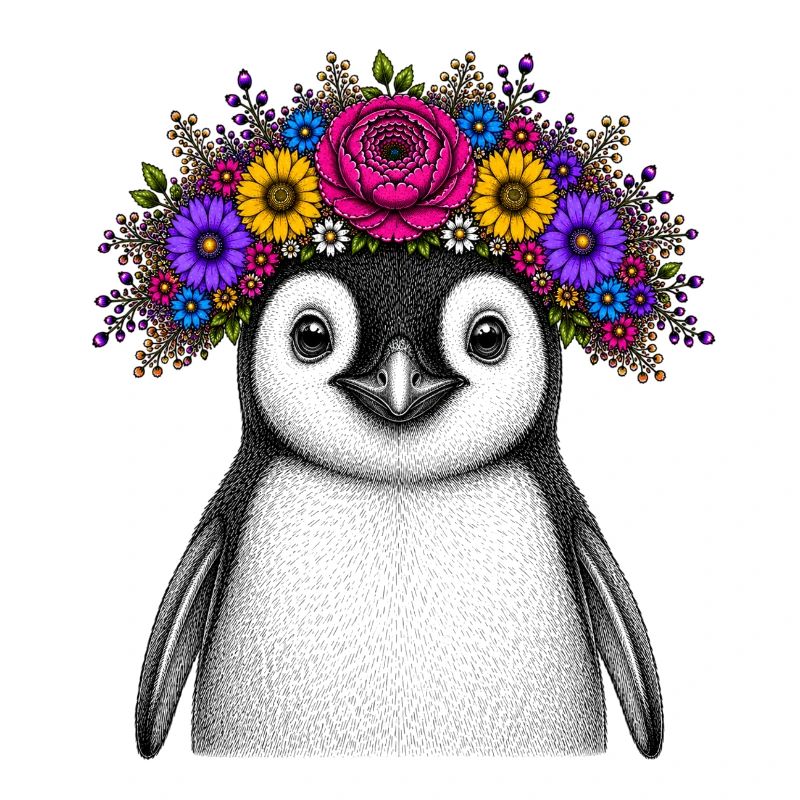 Pingouin avec couronne de fleurs