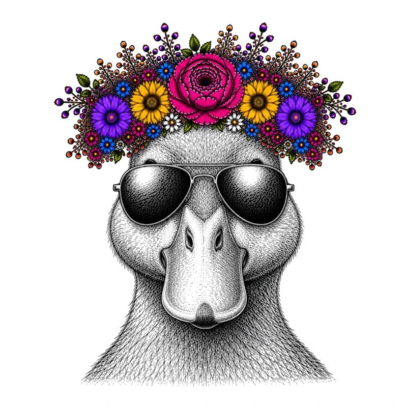 Canard avec couronne de fleurs et lunettes de soleil