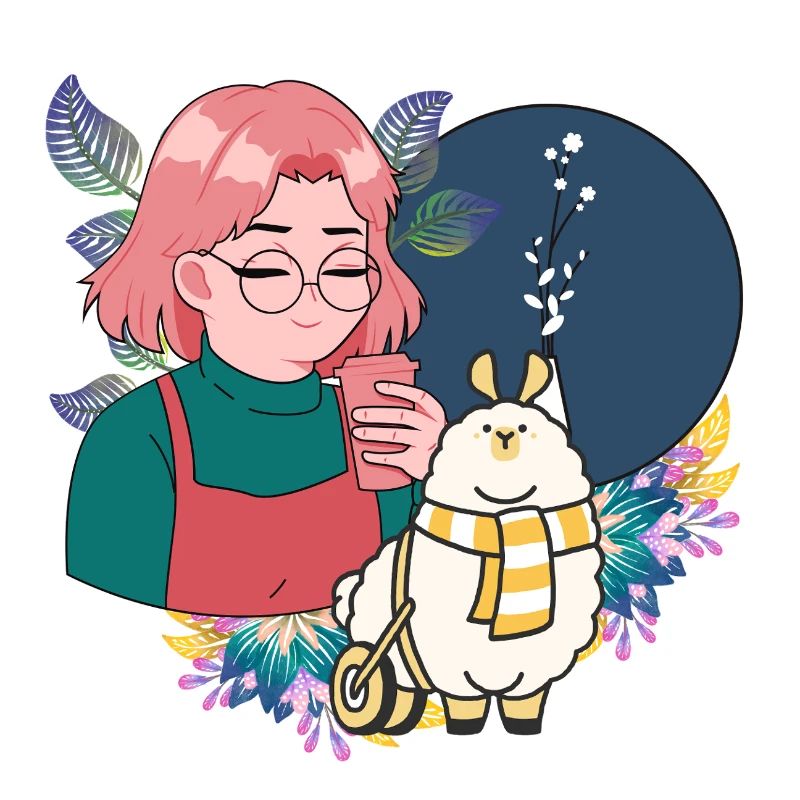 Manga-Mädchen mit Kaffee und Lama im Rollstuhl